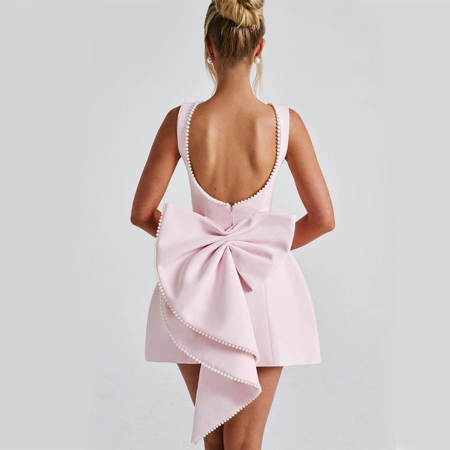 Robe Évasée d’Été Sans Manches avec Nœud et Perles
