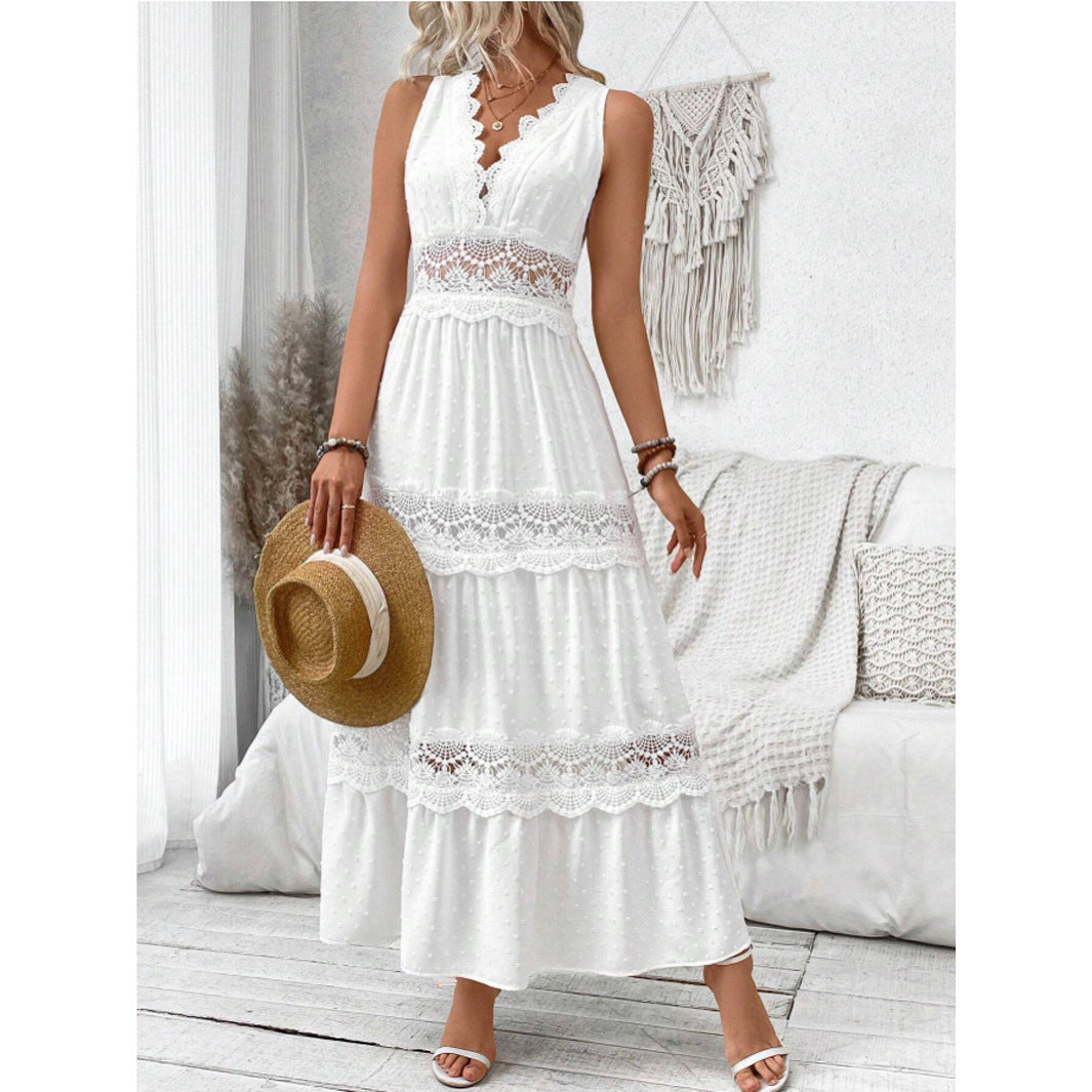 Robe élégante sans manches en dentelle, Décolleté en V raffiné