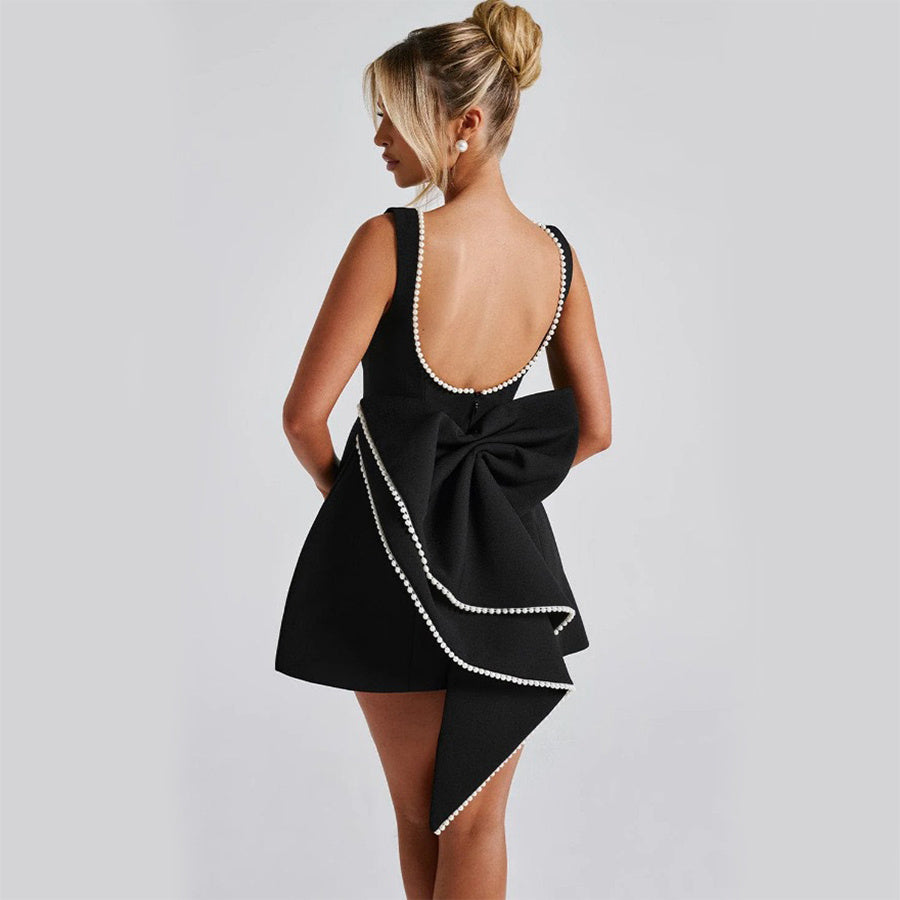 Robe Évasée d’Été Sans Manches avec Nœud et Perles