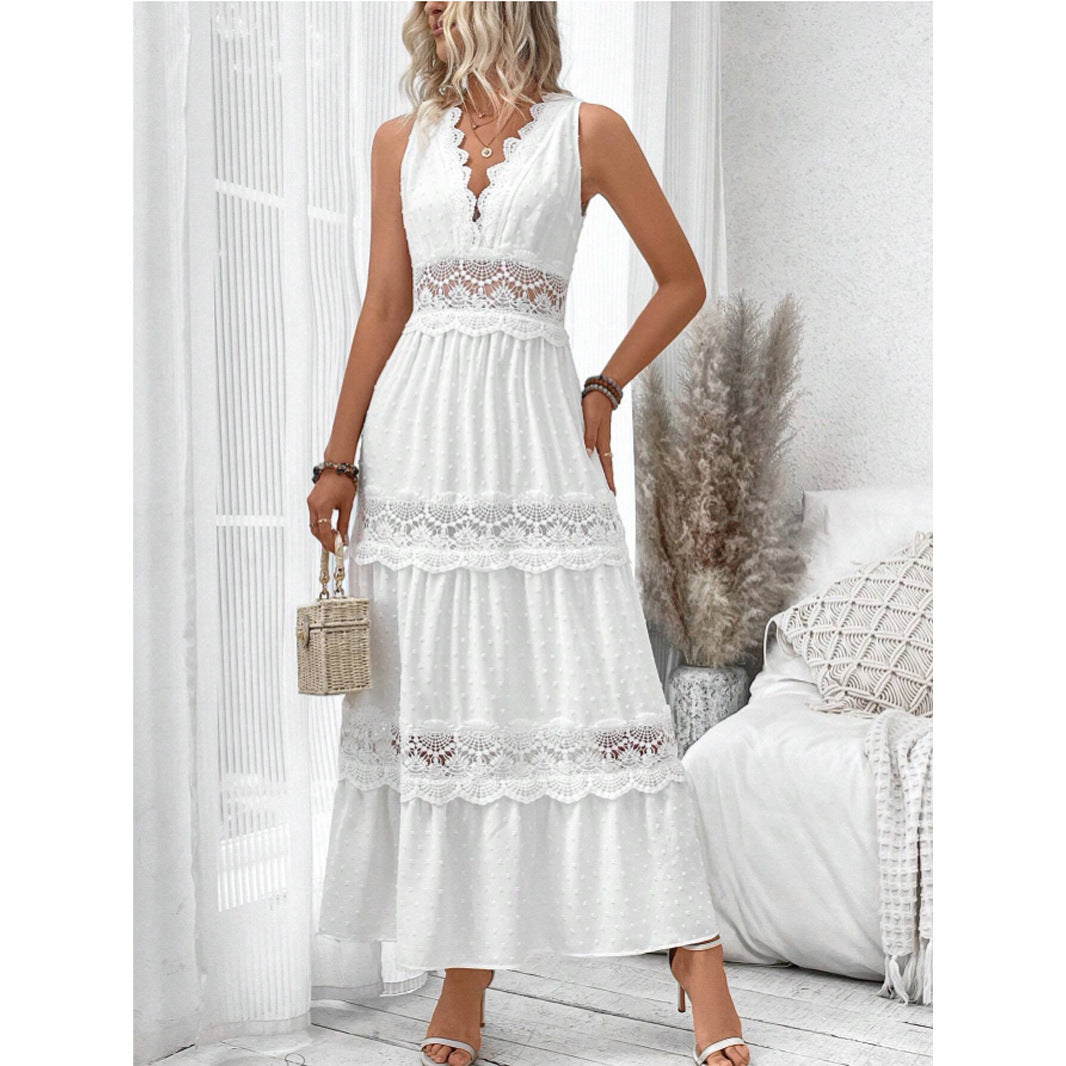Robe élégante sans manches en dentelle, Décolleté en V raffiné
