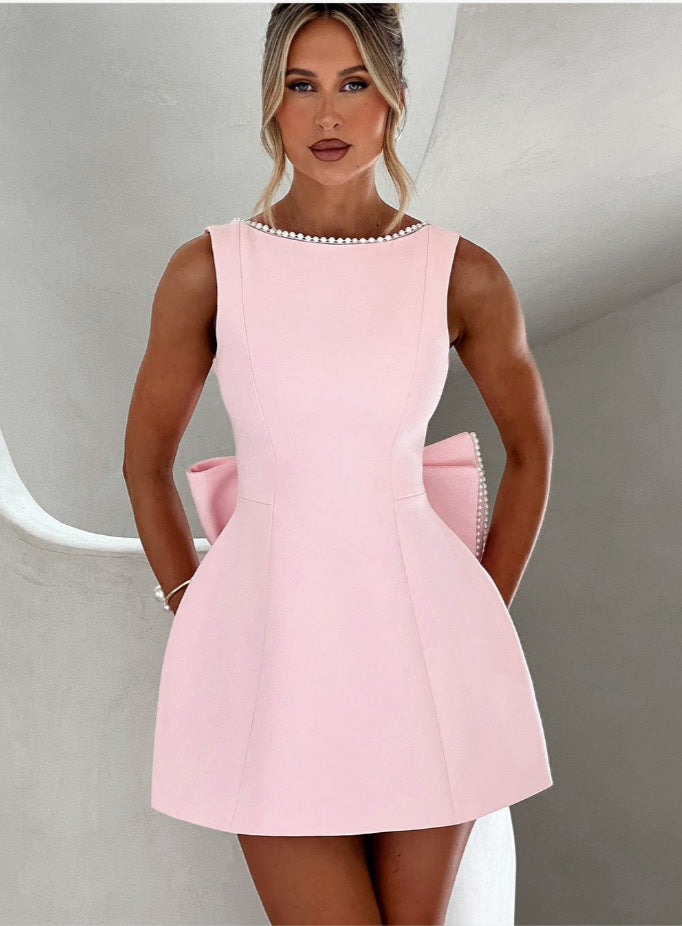 Robe Évasée d’Été Sans Manches avec Nœud et Perles