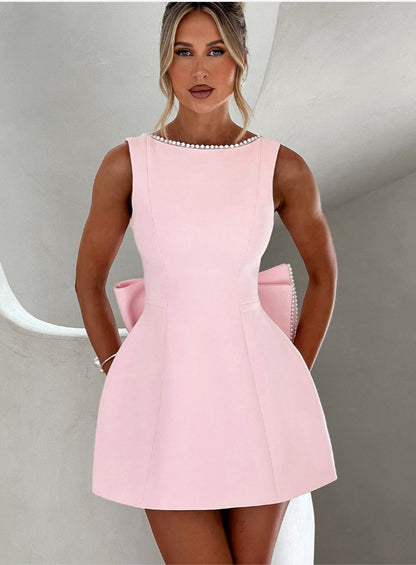 Robe Évasée d’Été Sans Manches avec Nœud et Perles