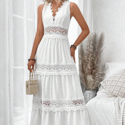 Robe élégante sans manches en dentelle, Décolleté en V raffiné