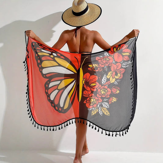 Voile de Plage à Imprimé Papillon. Élégance & Protection UV