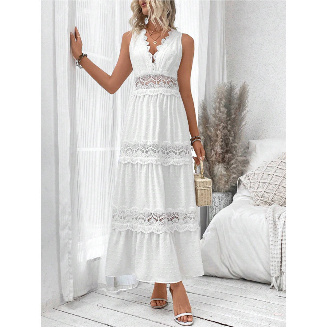 Robe élégante sans manches en dentelle, Décolleté en V raffiné