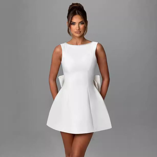 Robe Évasée d’Été Sans Manches avec Nœud et Perles