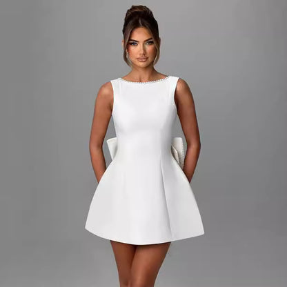 Robe Évasée d’Été Sans Manches avec Nœud et Perles