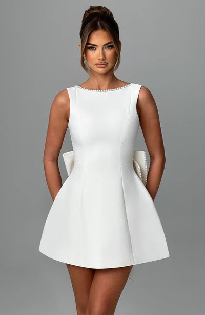 Robe Évasée d’Été Sans Manches avec Nœud et Perles
