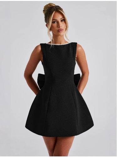 Robe Évasée d’Été Sans Manches avec Nœud et Perles