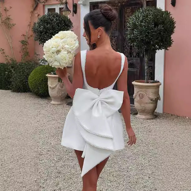 Robe Évasée d’Été Sans Manches avec Nœud et Perles