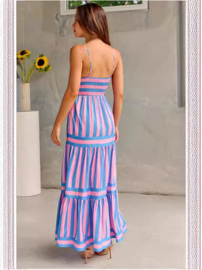 Robe à Rayures d’Été. Dos Nu et Élégance Décontractée